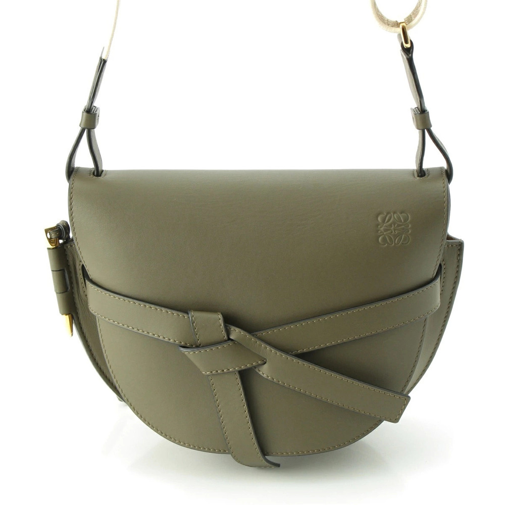 Loewe Gate Leather Dual Gold Jacquard Shoulder Bag Khaki Green Olive Green